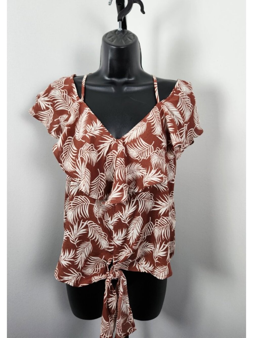 Sweet Rain Floral Cold Shoulder Tie Ruffle Spaghetti Strap-Copper - SZ L